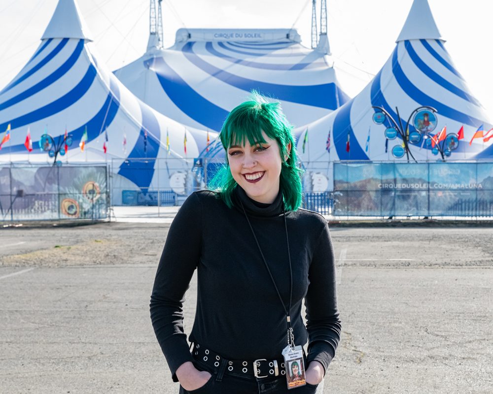 Sienna Sloane stands outside the Cirque de Sole tent where she works as an intern with the wardrobe department assisting with costume changes and other related tasks in West Sacramento Thursday, Feb. 20, 2020. (Niko Panagopoulos/npanagopoulos.express@gmail.com)