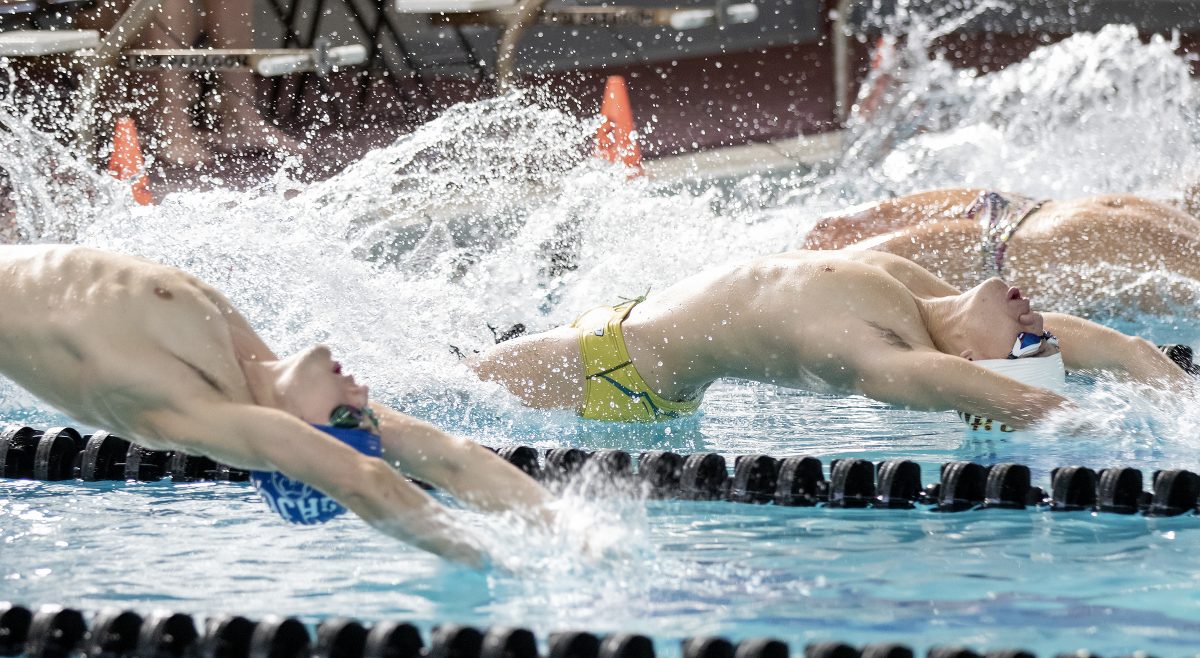 City College Matthew Lee, center, dives into the pool to swim backstroke during the men’s 200 yard medley relay A during the Sac City Invite at Hoos Pool at City College Friday, Feb. 21, 2020. (Sara Nevis/snevis.express@gmail.com)