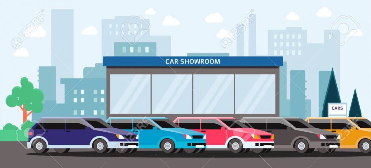 Car showroom - colorful vehicles parked outside of automobile dealership building on city landscape. Flat cartoon vector illustration of car rental or seller place.