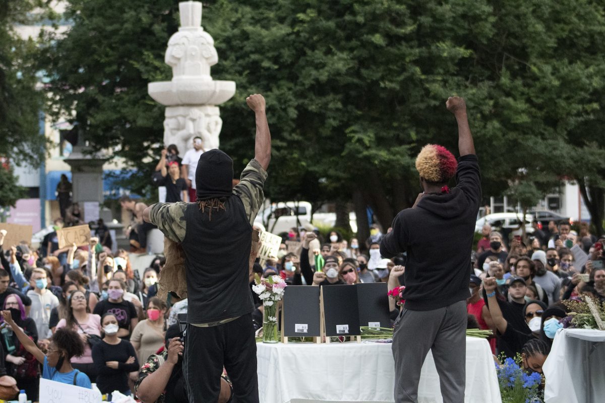 Multiple protesters listen to a speach at Ceasar Chavez Park during the protest over the death of George Floyd in Sacramento; California,: Sunday, May 31, 2020. George Floyd died in Minneapolis Monday after being detained by police. (James Fife/jfife.express@gmail.com)
