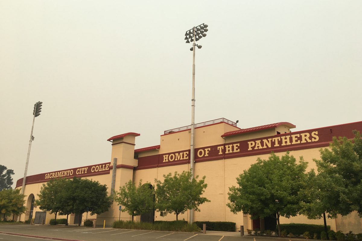 Grey, smoky sky above City College football stadium. Air pollution from nearby fires has caused the need for campus closures district wide. (Express photo)