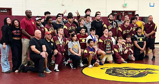 City College wrestling team poses for a team picture after getting first place during the David Pacheco wrestling tournament with a total score of 282.5 points on Saturday, Sept. 16, 2023. Photo credit: Robert Harris II / rharrisii.express@gmail.com