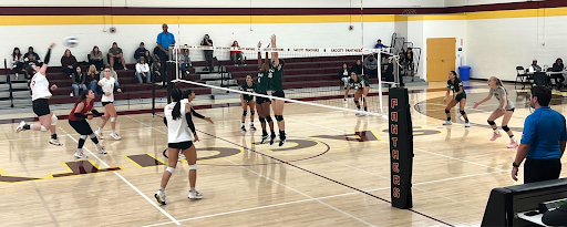 Panthers freshman No. 9 Evynn Rios hits the ball back over the net to keep the game in motion as her team scatters around to help out against Diablo Valley Vikings on the Panthers volleyball court on Wednesday Oct. 25, 2023. Photo credit: Robert Harris II / rharrisii.express@gmail.com