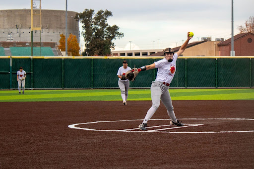 City College softball pitcher Ava Seguin pitches during a scrimmage against Butte College on Nov. 17, 2023. Photo credit: Jada Trail / jtrail.express@gmail.com
