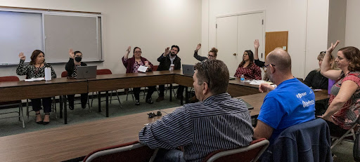 Members of the Academic Senate hold a vote Tuesday, Dec. 5, 2023 to move forward with City College’s resolution of no confidence in Los Rios Community College District Chancellor Brian King during their last meeting of the year. Photo credit: Nick Shockey / nshockey.express@gmail.com