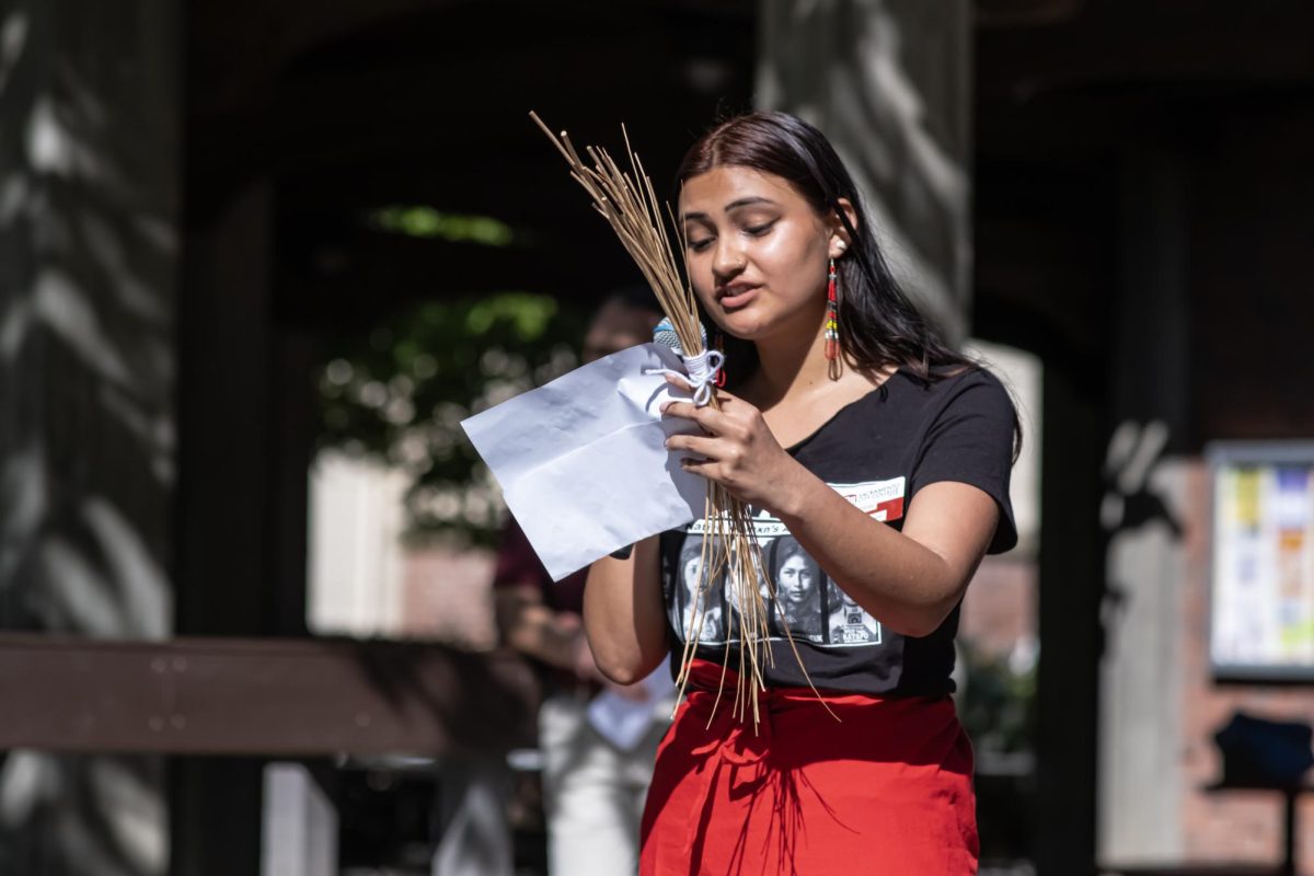 City College Student Ayacaxtli Galvis-Torrez gives a land acknowledgement statement to kick off the Celebrate City event on April 19, 2024.