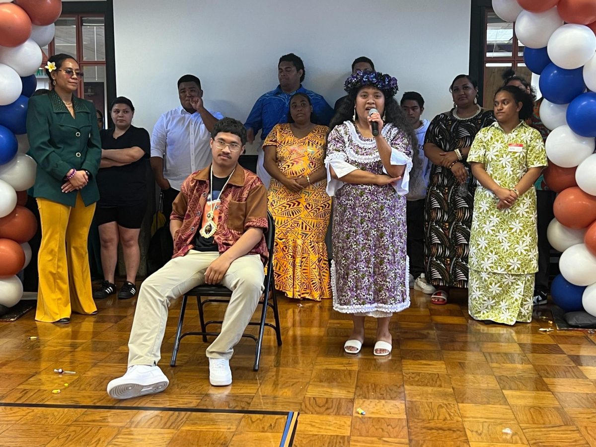 Sacramento City College Pasifika Connections Club’s former vice president, Susan Lakboj, welcomes new vice president, Alex Tamasoa, to the club during the Manit Day celebration on Thursday, Sept. 26, 2024, in Sacramento, Calif.