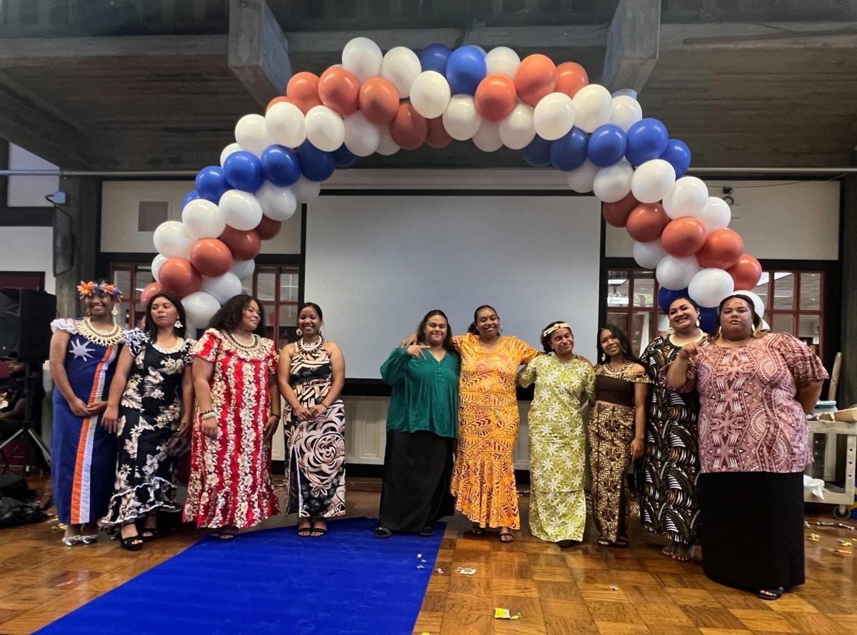 Sacramento City College’s API Center women staff members pose after completing an all-female fashion show at the second annual Manit Day celebration on Thursday, Sept. 26, 2024, in Sacramento, Calif.