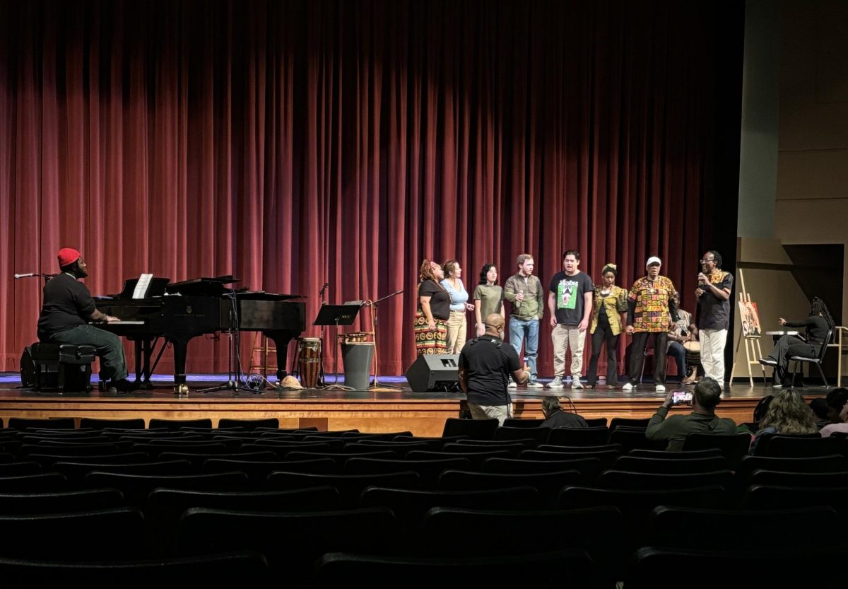 Morgan Harrison plays the piano while French-American musician and composer Gino Sitson performs alongside participants from the audience at Sacramento City College on Friday, Feb. 7, 2025 in Sacramento, Calif.            