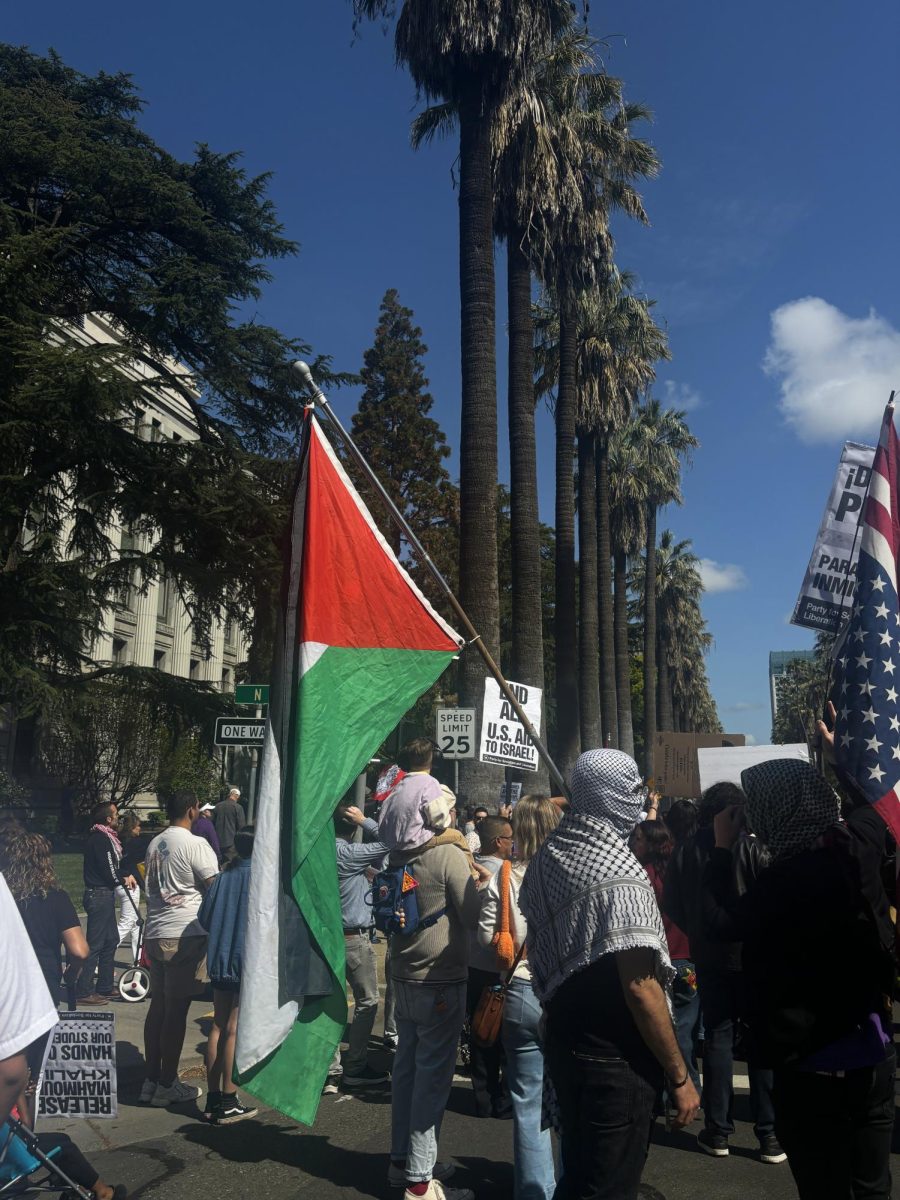 Participants march for justice and equality in front of the Sacramento Capitol building on March 29, 2025 in Sacramento, California.