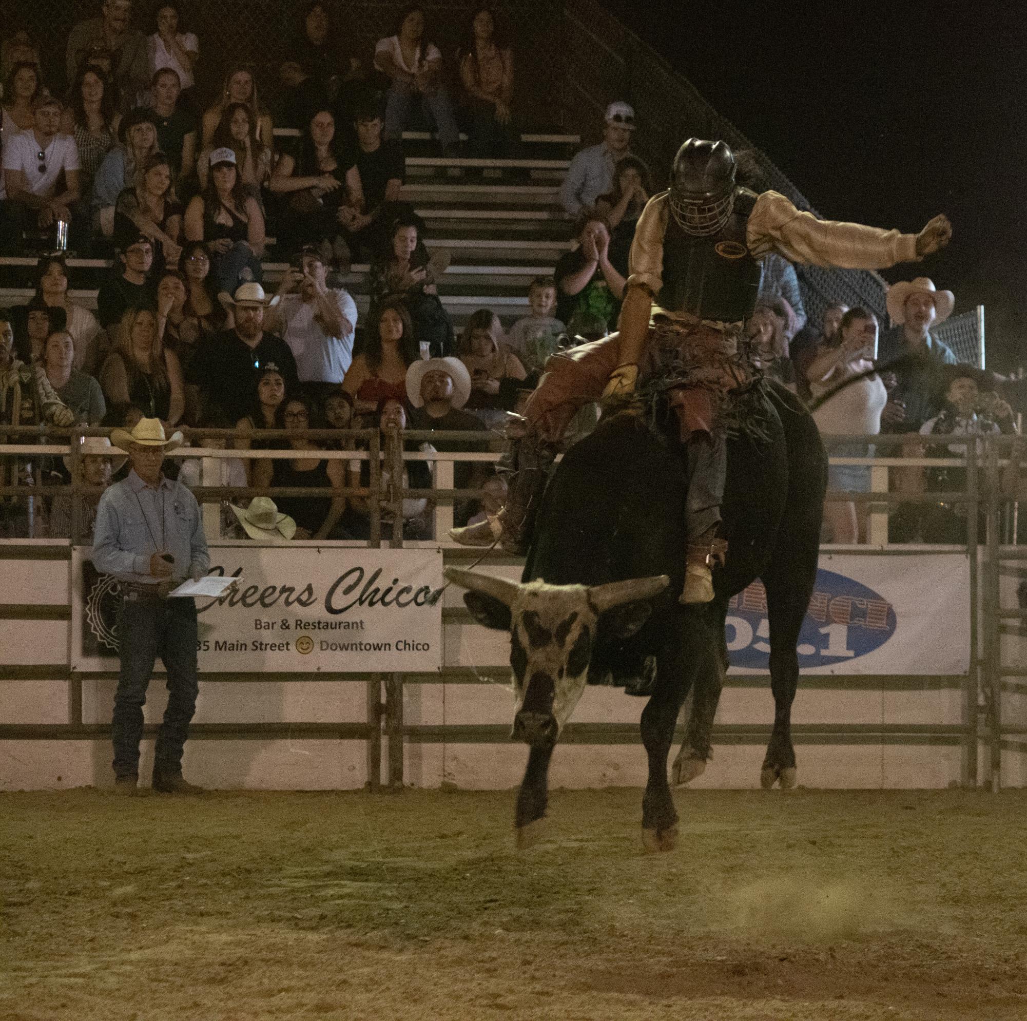 A bull rider holds on in the hopes for an eight-second ride during the Sac-Town Rodeo event at Cal Expo Saturday, Sept. 20, 2025, in Sacramento, Calif.