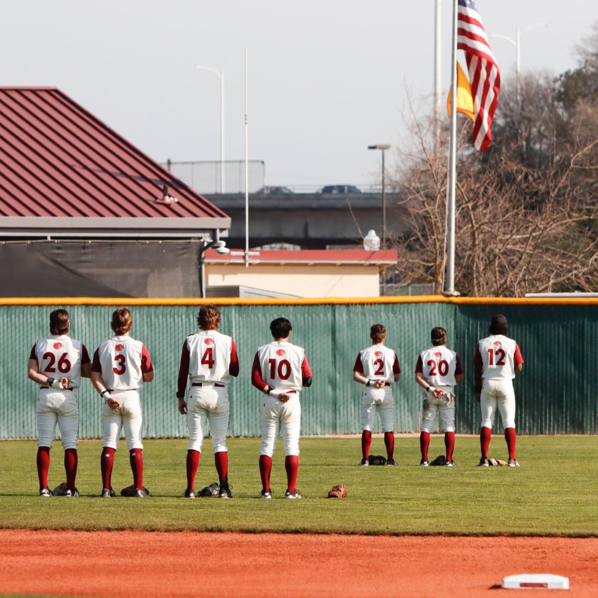 Sacramento City College Baseball players stand in the outfield during the national anthem before the game against Chabot College on Thursday, Jan. 29, 2026 in Sacramento, Calif.