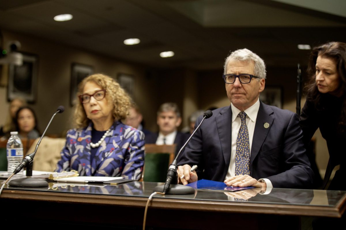 Mildred Garcia, Chancellor of the California State University and James Mullen, President of the University of California (left to right) testifying before California Assembly Subcommittee on Education Finance at the state Capitol in Sacramento.  The subcommittee heard recommendations for the state budget for the 2026-2027 school year at the Feb. 17, 2026 hearing.