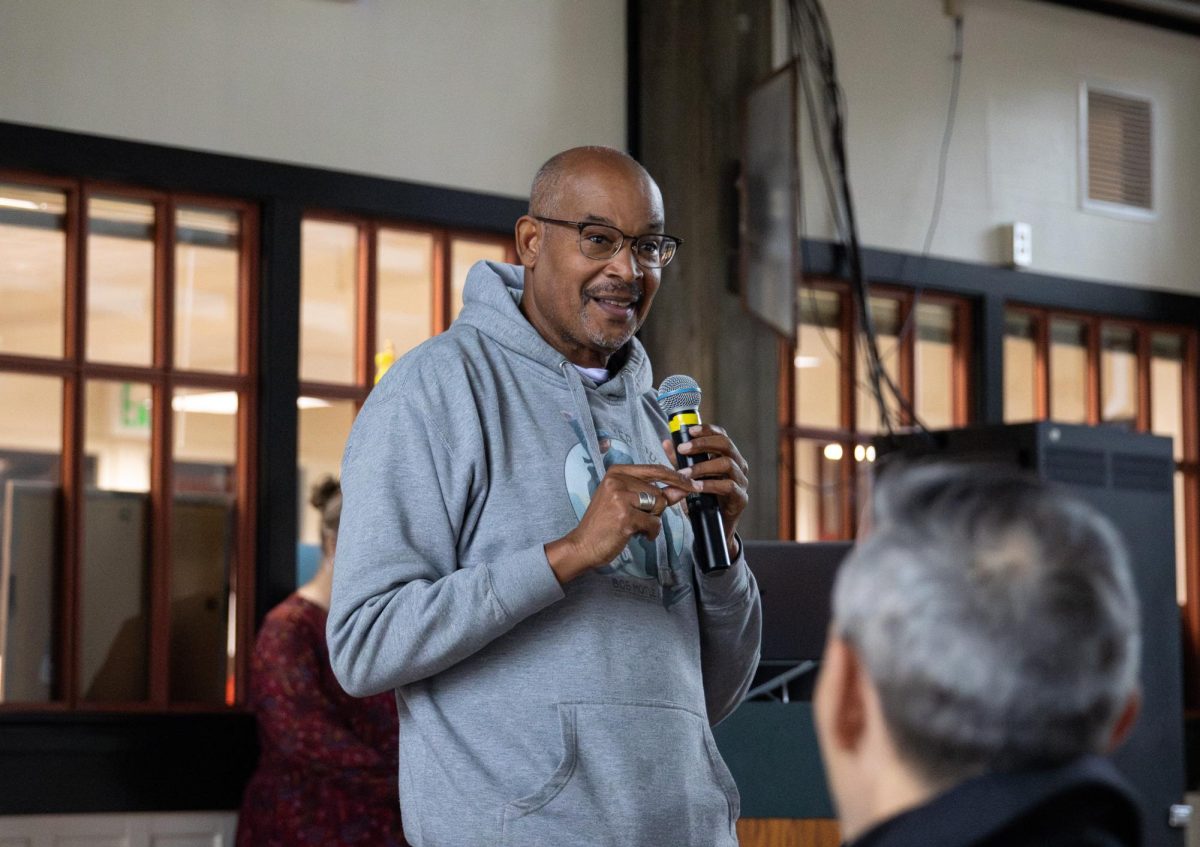 Byron Motley gives a lecture to attendees about the film, “The League,” which he helped produce, at the student center at Sacramento City College on Feb. 11, 2026 in Sacramento, Calif.