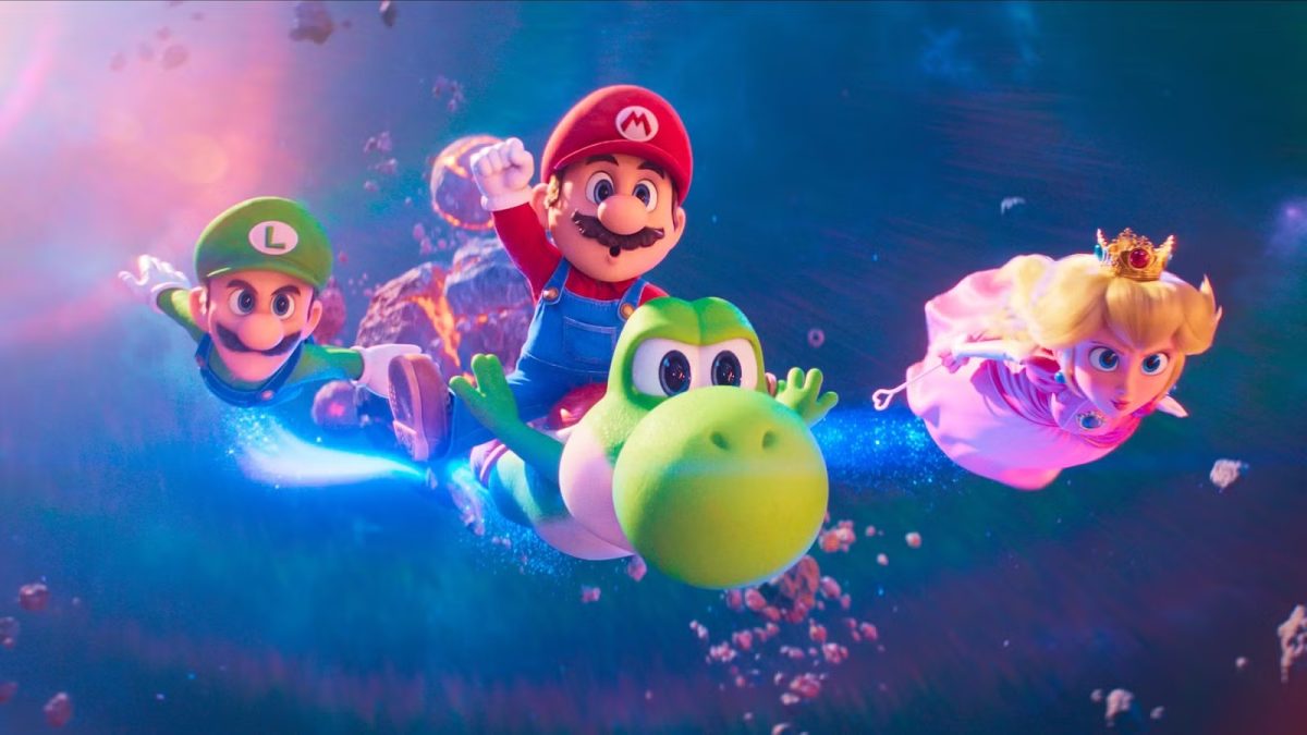 Mario, Luigi, Yoshi and Princess Peach fly into space from a scene of "The Super Mario Bros. Movie" by Universal Pictures.