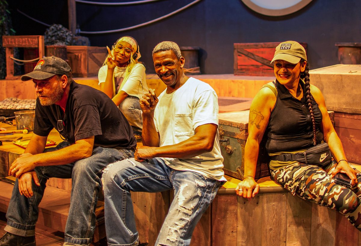 Professor Myke Kunkel, and students Avril Cole, Darryl Armstron and Rochelle Martin in the stagecraft class in the Performing Arts Department at Sacramento City College, pose on the set of their upcoming show, “Peter and The Starcatcher,” on April 29, 2026 in Sacramento, Calif. The show debuted May 1 and runs until May 17.