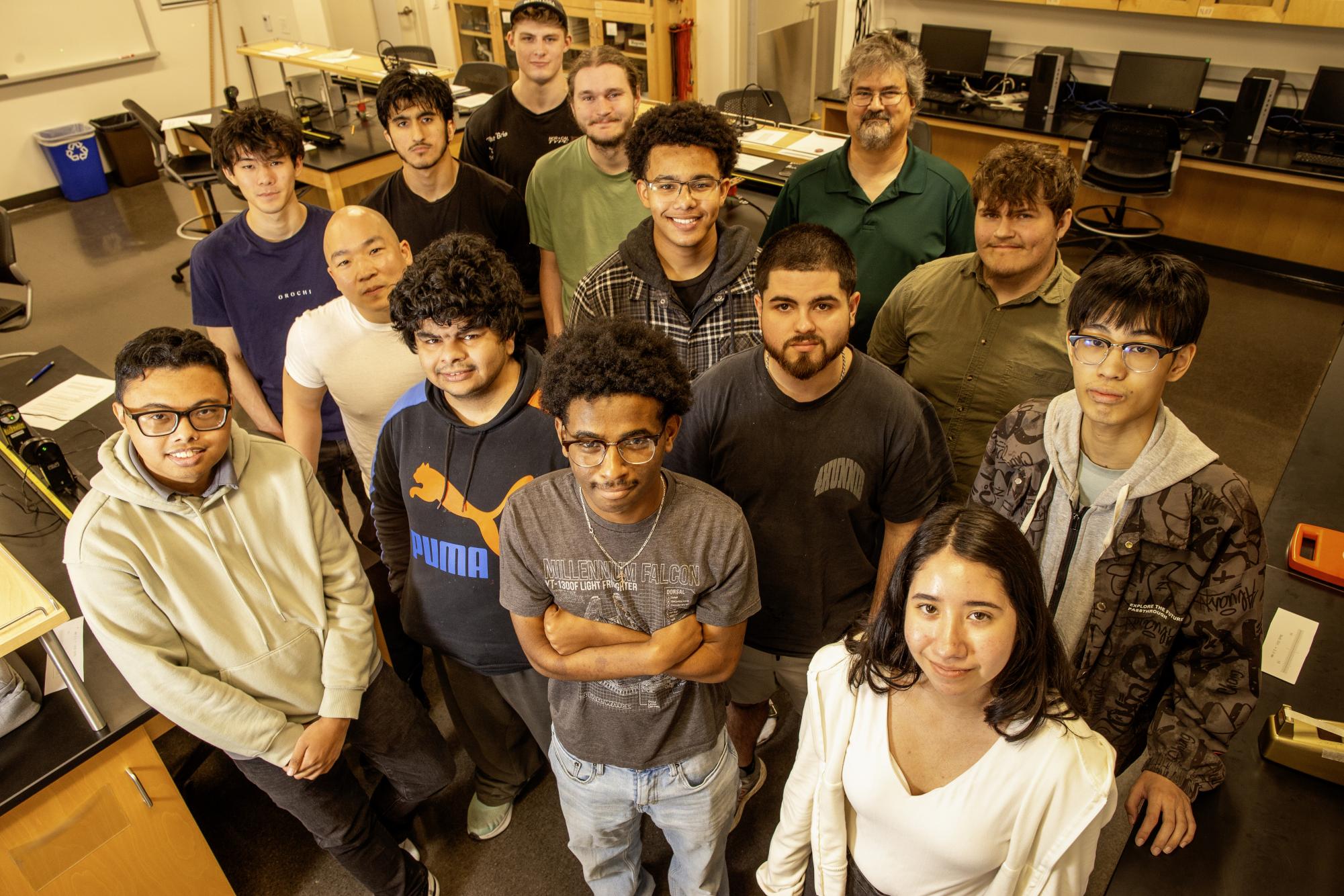 The Sacramento City College students in Physics 430 take time from their laboratory class for a group photo at Mohr Hall labs on April 8, 2026 on campus in Sacramento, Calif.  The class is the final in a series of rigorous physics classes preparing them to transfer to 4-year universities. (Express/ Bob Fredenburg)