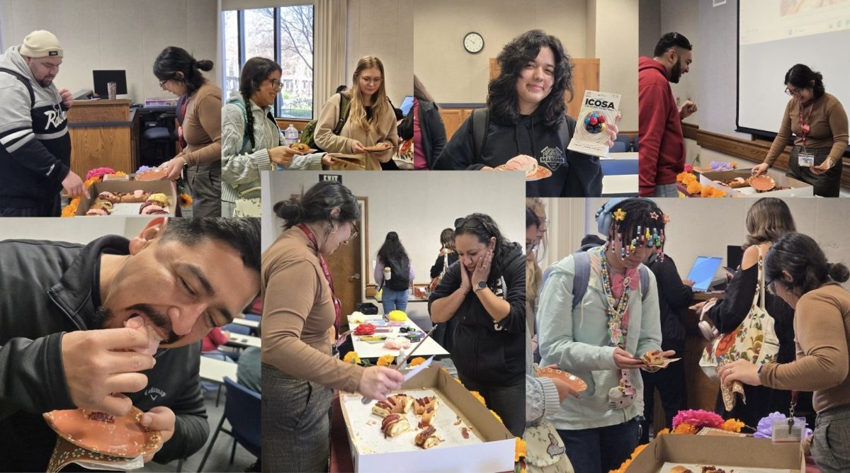 Students gather and celebrate during the Caminos Rosca event on January 28th, 2026, as Samantha Ramirez, a student support specialist for Caminos, cuts a Rosca De Reyes, a traditional Mexican Dessert.