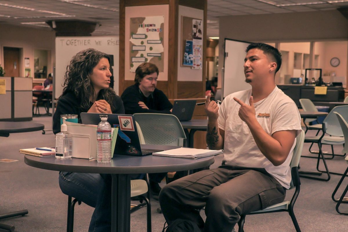 Meghan Faccuito (Left) an Instructional Assistant at Sacramento City College's Writing Center tutors student Daniel Cuevas on an ARTH 300 writing assignment on Tuesday, May 5, 2026, in Sacramento, Calif.